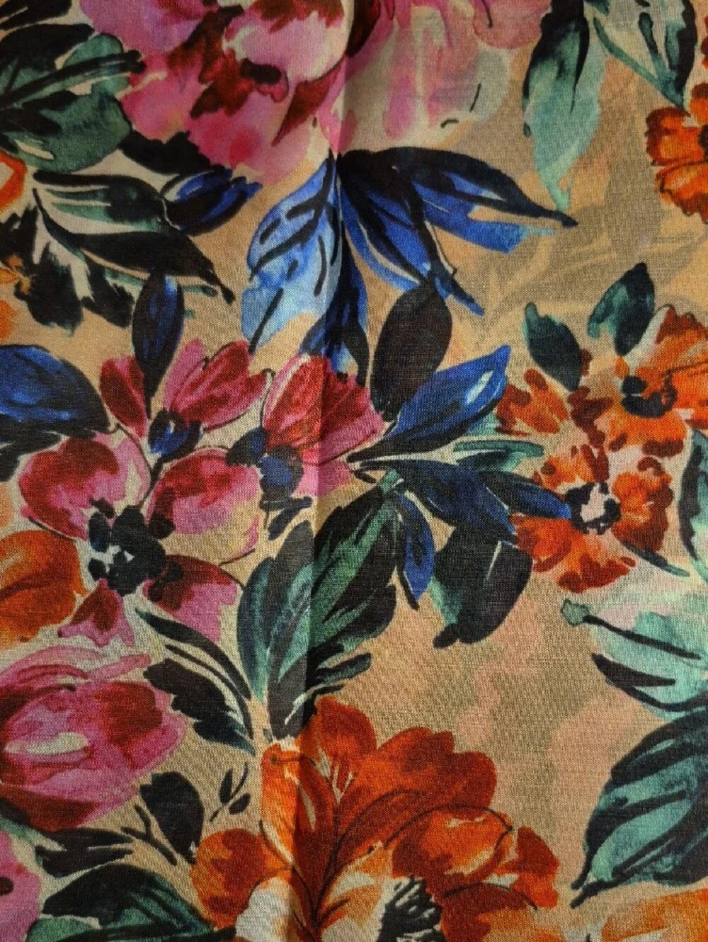 Johnny Was Floral Silk Scarf with Pink and Orange Blooms (44